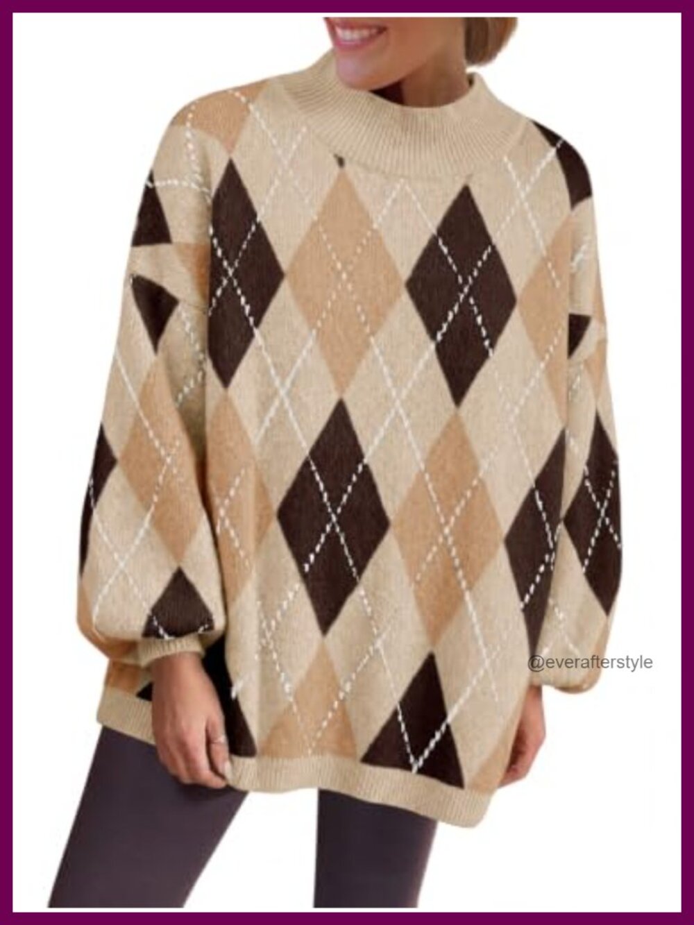 Women's Chunky Knit Pullover Sweater Argyle Pattern Crew Neck Long Sleeve